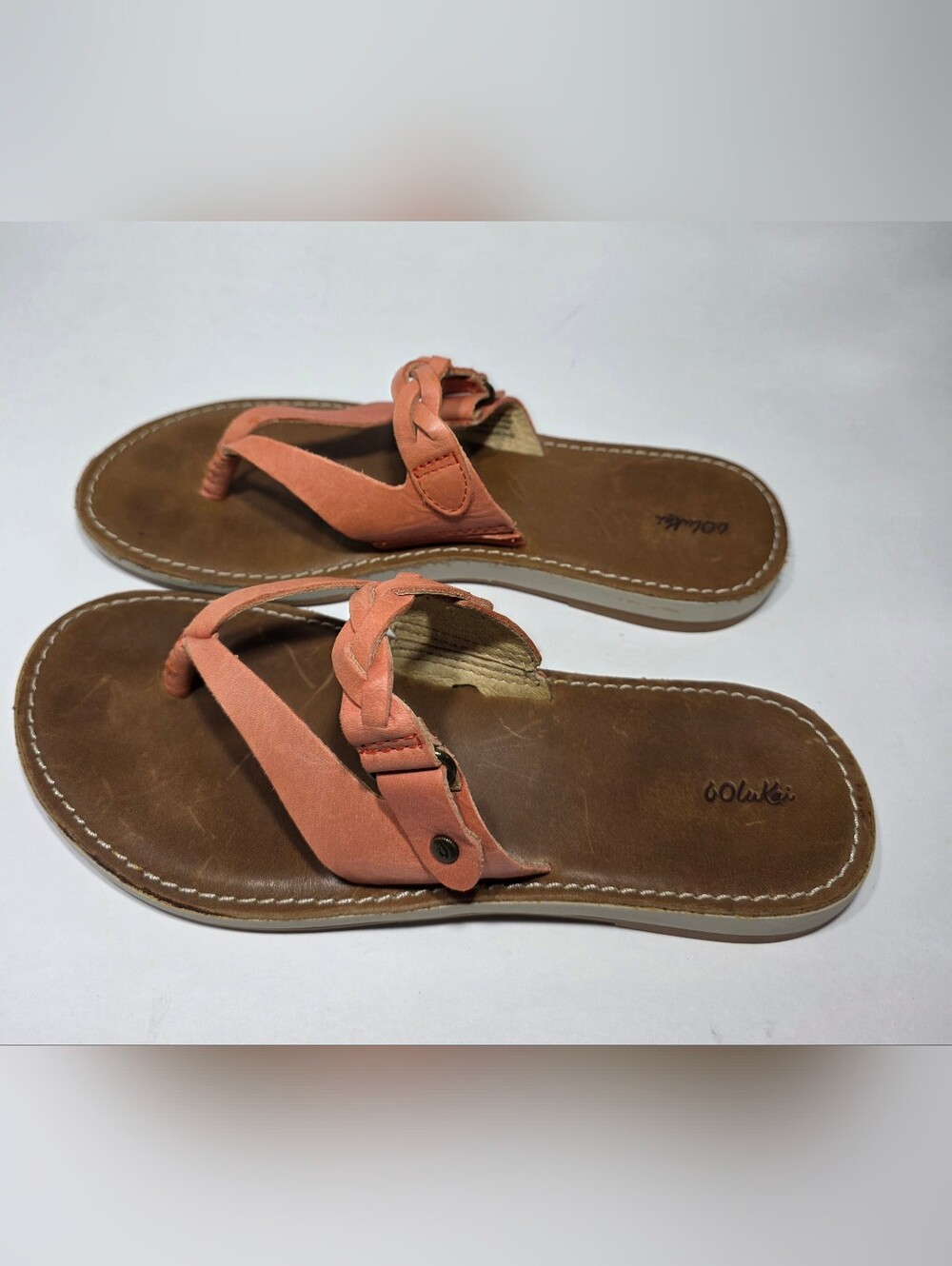 OluKai Women’s Leather Thong Sandals Coral Orange Size 6 EU 36 Excellent... - Picture 4 of 8